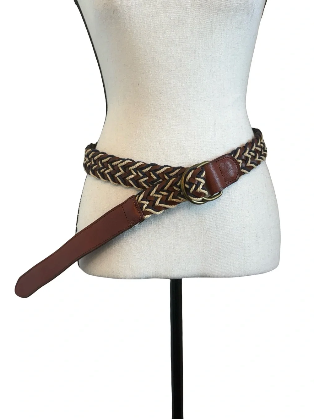 Lucky Brand Braided Leather Rope D Ring Belt Size 36 Brown Navy Cream Woven